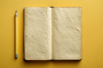 Open notebook and pencil on a yellow background