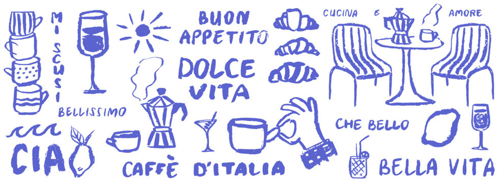 Italian style vacation hand drawn vector illustrations in grunge chalk charcoal rough doodle sketch style. Ink simple food coffee and lettering elements. Drawings for poster, placard or menu print.