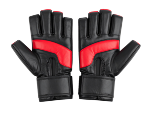 Pair of MMA gloves with open palm design, laid flat, black and red color, isolated PNG