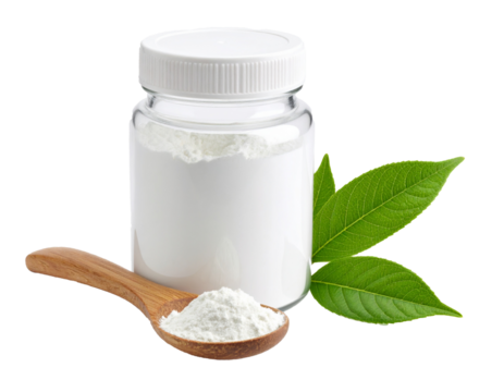 Minimalist glass jar with powder supplement and wooden spoon beside it, isolated PNG