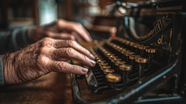 Vintage Typewriter Close-Up: Hands Typing a Story