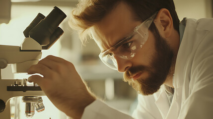 Scientist examining sample through a microscope in a laboratory setting