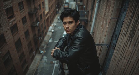 Obraz premium Handsome Asian guy in leather jacket leaning on railing of gritty fire escape overlooking narrow street