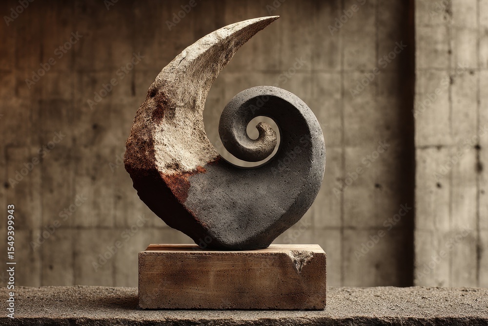 Poster Stone spiral sculpture on a concrete base showcases a unique design and texture, emphasizing artistic form and minimalistic presentation
