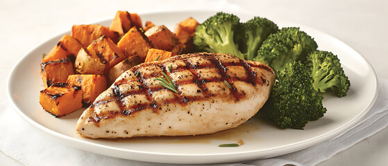 Grilled Chicken Breast with Roasted Sweet Potatoes and Broccoli