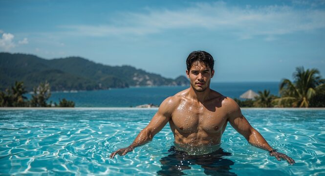 Muscular Asian male in swim trunks emerging from turquoise infinity pool with mountains in background - Powered by Adobe