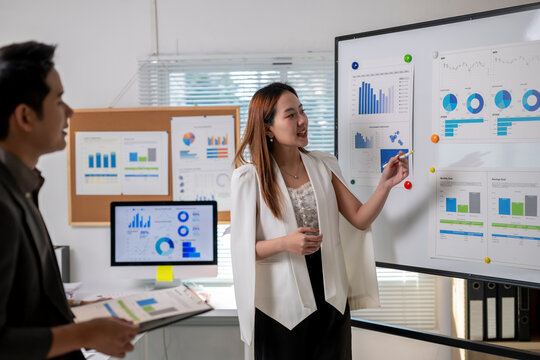 A woman is giving a presentation in front of a white board with graphs