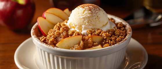 Apple Crumble with Vanilla Ice Cream in a White Ramekin