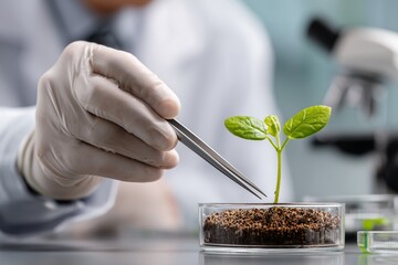 Scientist in lab coat holding petri dish with green plant sprout while adjusting it with tweezers in modern lab setting, symbolizing biotech research, plant genetics, and sustainable agriculture