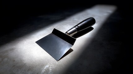 Metal putty knife with black wooden handle on a dark surface illuminated by a spotlight