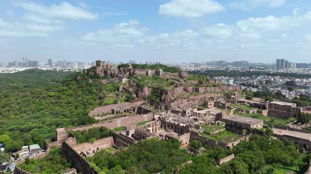 Hyderabad, India: Aerial view of famous Golconda Fort in capital and largest city of Indian state of Telangana - landscape panorama of South Asia from above
