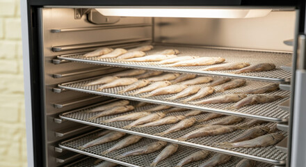 Fresh fish fillets arranged on metal racks inside commercial food dehydrator for preservation in industrial kitchen