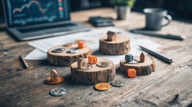 Wooden stumps, coins, dice, and figurines on a rustic table, likely a board game or investment simulation