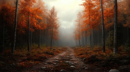 A tranquil forest path adorned with vibrant orange leaves under the gentle mist, capturing the serene essence of autumn and the beauty of nature's seasonal transformation.