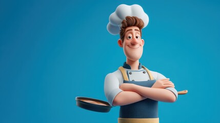 Cartoon-style 3D cook character wearing apron and toque, professional kitchen worker.