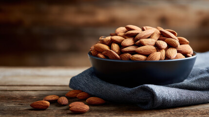 Comforting, warm bowl of roasted almond food sits on rustic wooden table. Healthy natural snack in dark setting. Simple, wholesome nutrition for wellness lifestyle