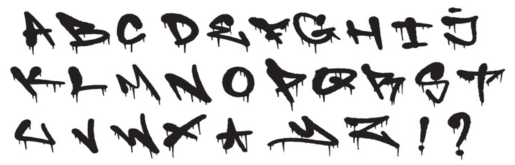 abstract black graffiti font collection with spray texture dripping ink white background © Aziz
