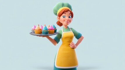 Cartoon-style 3D cook character wearing apron and toque, professional kitchen worker.
