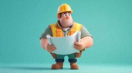 Cartoon-style 3D builder character with hard hat and tools, professional labor worker.