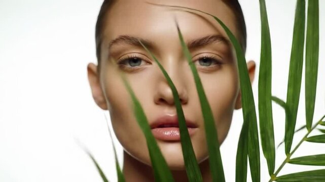 Natural skincare beauty potrait photo of a beautiful young woman hiding her face behind a green palm leaf while looking at the camera