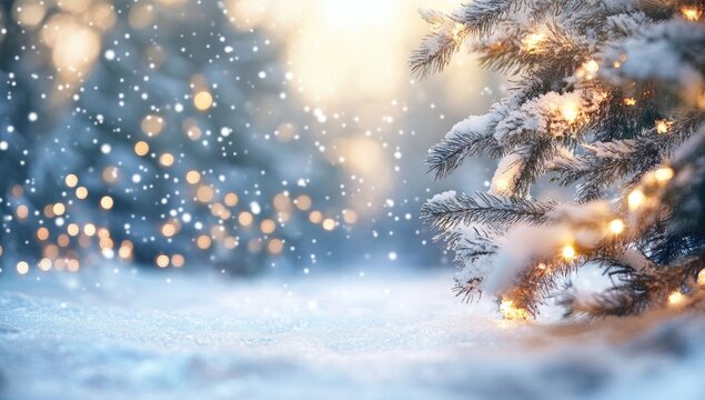 Snowy Christmas tree with lights - Powered by Adobe