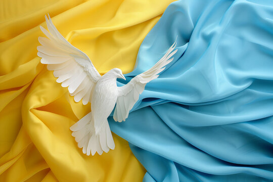 Paper dove symbolizing peace over Ukrainian colors. Simple and strong visual. - Powered by Adobe