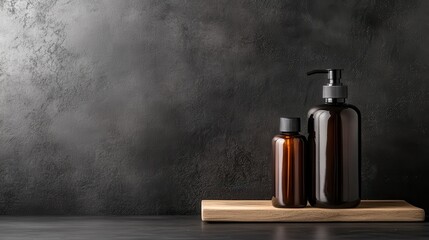 Two stylish dark brown bottles resting on a wooden board against a textured background, illustrating simplicity and elegance in modern product design.