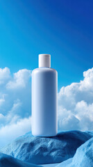 Clean white bottle product for cosmetic advertisement against dreamy blue sky with soft white cloud. This serene and fresh beauty mockup provides pure natural concept