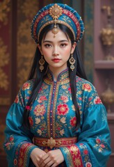 Fototapeta premium Una túnica bordada de colores brillantes decorada con detalles dorados y un tocado a juego, que adopta un atuendo cultural tradicional