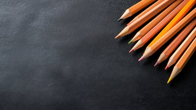 An aesthetic arrangement of colored pencils on a smooth black surface, perfect for artistic endeavors and creative expression in various projects.