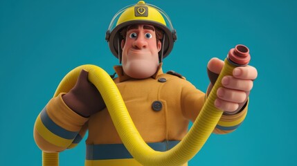 Cartoon-style 3D firefighter character in protective gear, professional rescue worker.