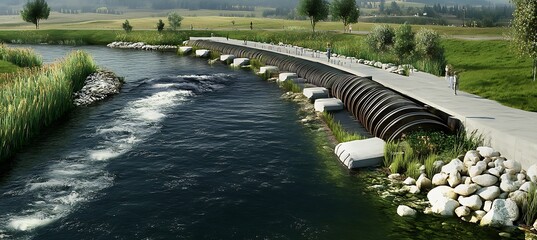 Naklejka premium Clean River System Featuring Environmentally Friendly Turbines Designed To Support Fish Migration And Promote Sustainable Hydropower Solutions
