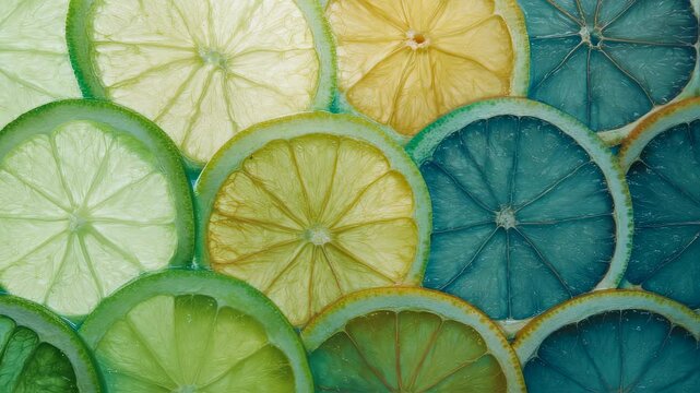 Vibrant citrus kaleidoscope: dynamic shifts in colorful sliced lemons and limes