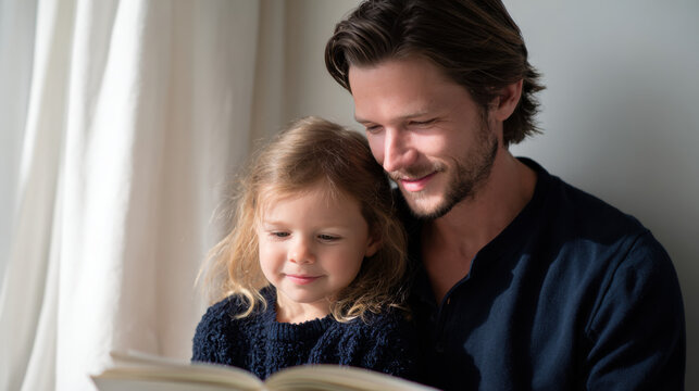 Happy caucasian father and daughter reading book at home, loving family showing togetherness. special moment of storytelling, bonding and learning between parent and child