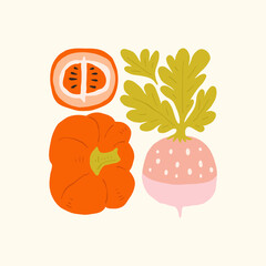 Abstract fruits and vegetables elements. Modern trendy minimalist. Healthy Food. Hand drawn design for wallpaper, wall decor, print, postcard, cover, template, banner.