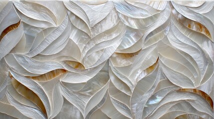 Refined mosaic backdrop of pearl white and mother-of-pearl glass fragments in gentle wave pattern