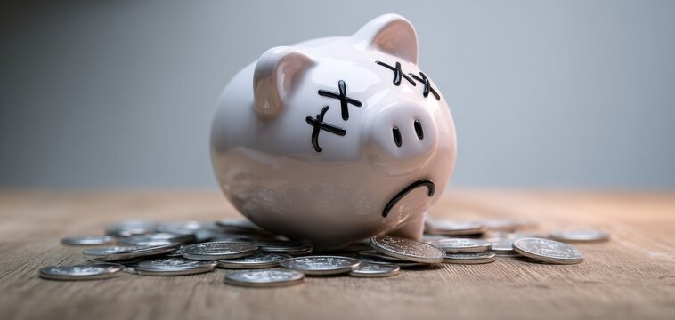 The broken piggy bank symbolizes financial struggles and economic challenges.