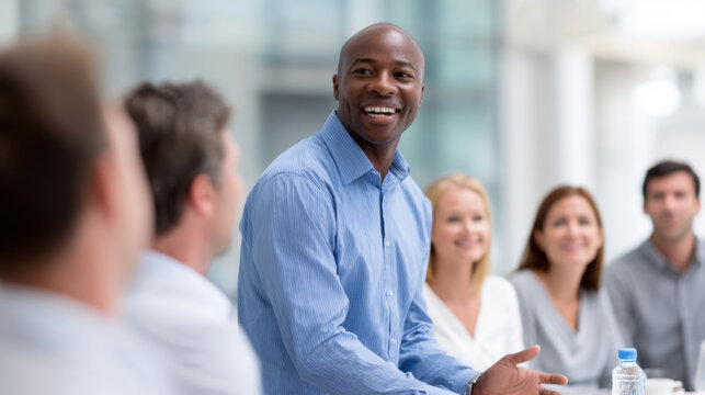Confident african american executive delivers motivational speech to his business team. happy corporate leader presenting at meeting encourages professional teamwork
