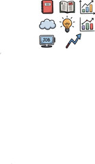 A collection of business related icons including a notebook, book, graphs, and a computer screen