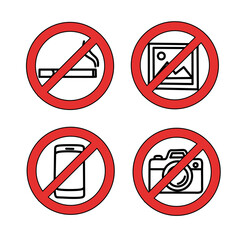 Set of prohibition signs including no smoking, no photos, no mobile phones, and no image capturing. Red circle warning icons for public safety and regulations