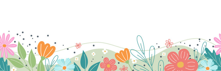 banner seamless horizontal with doodle style flowers on the bottom edge