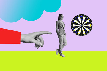 Image pop 3d zine collage of happy girl guy business worker walk hand point direction target aim...