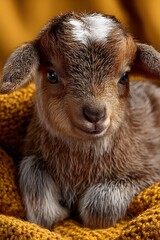 Fototapeta premium Sweet Baby Goat Snuggled in Warm Blanket