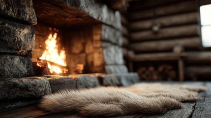 Rustic cabin interior with crackling stone fireplace, wool rug and softly blurred log wall background