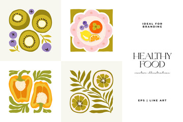 Abstract fruits and vegetables elements. Modern trendy minimalist. Healthy Food. Hand drawn design for wallpaper, wall decor, print, postcard, cover, template, banner.