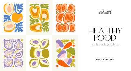 Abstract fruits and vegetables elements. Modern trendy minimalist. Healthy Food. Hand drawn design for wallpaper, wall decor, print, postcard, cover, template, banner.