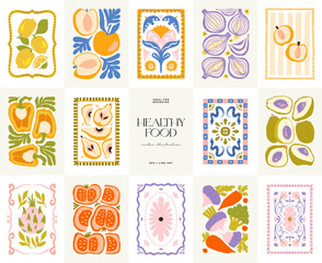 Abstract fruits and vegetables elements. Modern trendy minimalist. Healthy Food. Hand drawn design for wallpaper, wall decor, print, postcard, cover, template, banner.