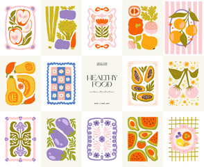 Abstract fruits and vegetables elements. Modern trendy minimalist. Healthy Food. Hand drawn design for wallpaper, wall decor, print, postcard, cover, template, banner.