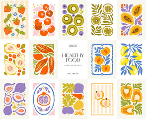 Abstract fruits and vegetables elements. Modern trendy minimalist. Healthy Food. Hand drawn design for wallpaper, wall decor, print, postcard, cover, template, banner.