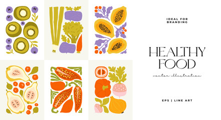 Abstract fruits and vegetables elements. Modern trendy minimalist. Healthy Food. Hand drawn design for wallpaper, wall decor, print, postcard, cover, template, banner.